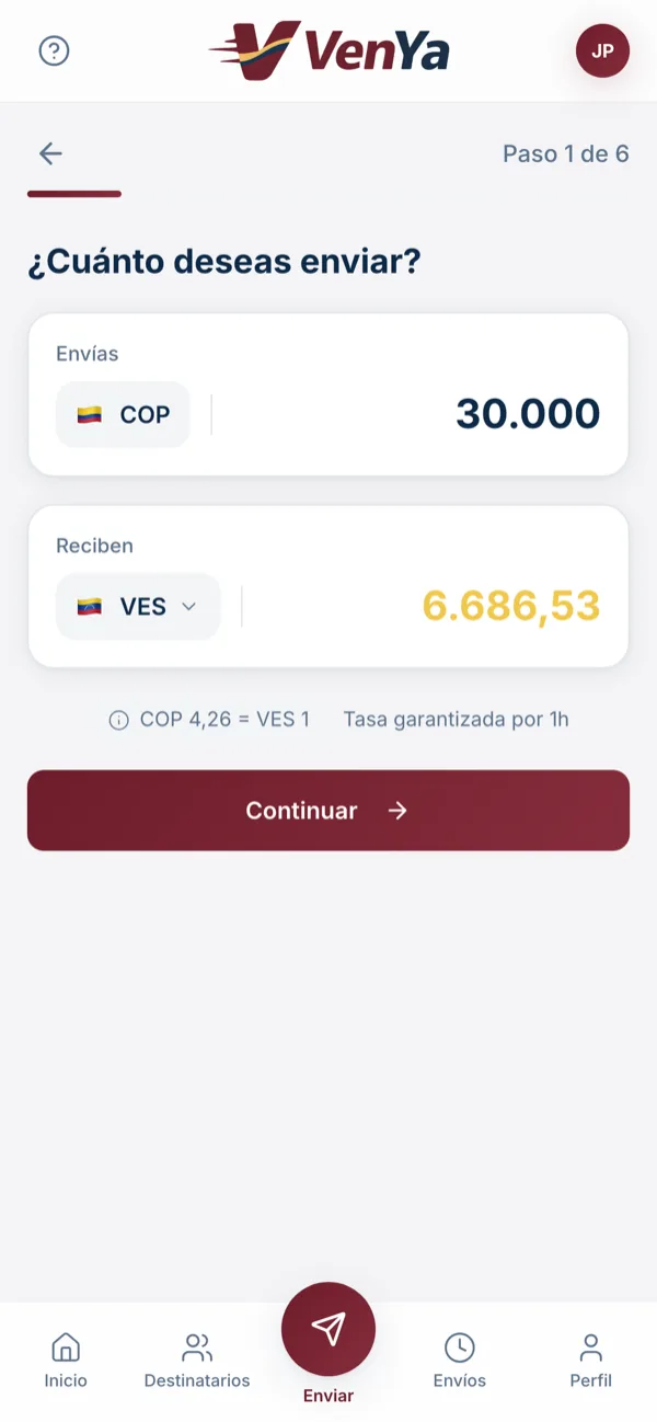 Pantalla de envío de VenYa: envías 30.000 COP y tu familia recibe 6.686 VES a la tasa del día