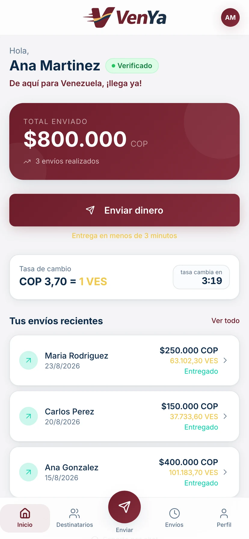 Pantalla de inicio de la app VenYa: total enviado, el botón de enviar dinero, la tasa del día y los envíos recientes