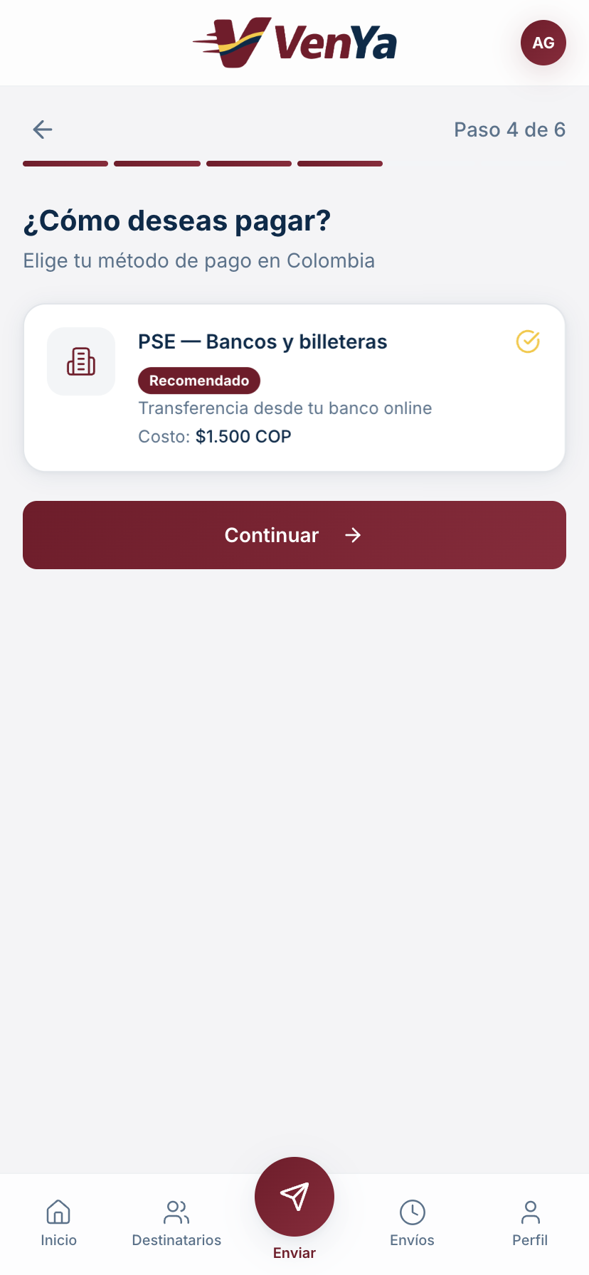 Pantalla de la app VenYa para elegir el método de pago en Colombia: PSE, bancos y billeteras, marcado como recomendado