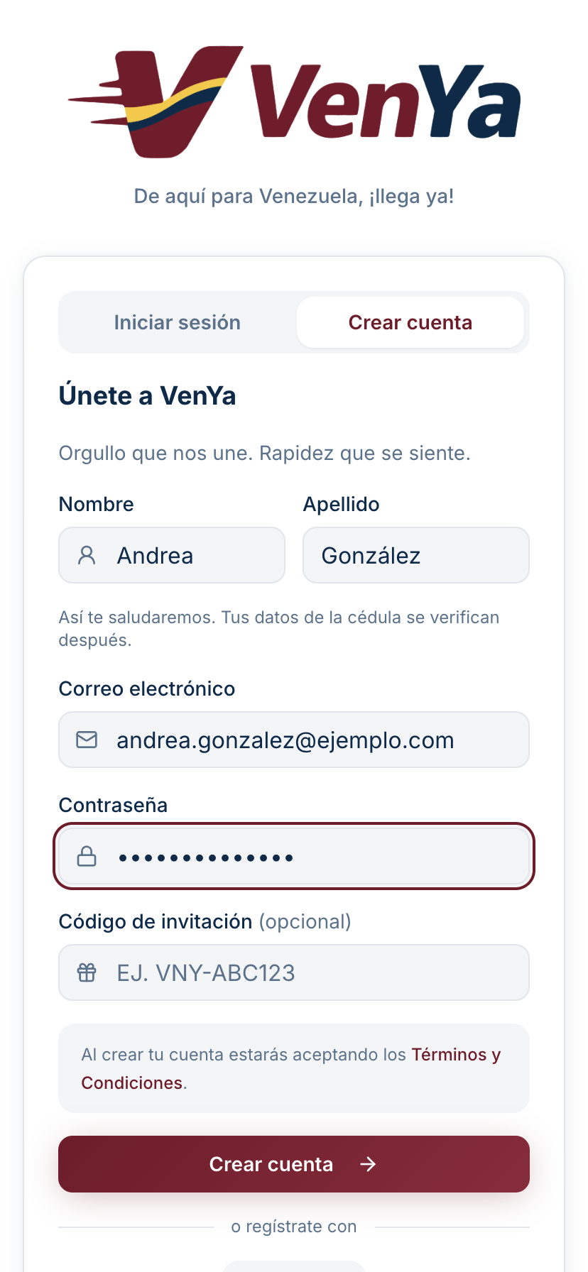Pantalla de crear cuenta en la app VenYa: nombre, apellido, correo electrónico, contraseña y código de invitación opcional